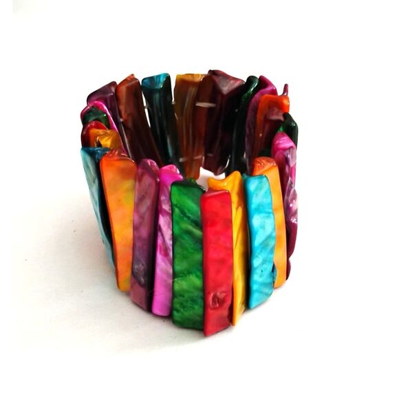 Y2K Vintage Rainbow Shell Stretch Bracelet, Boho Festival Chunky Jewelry - Picture 3 of 4